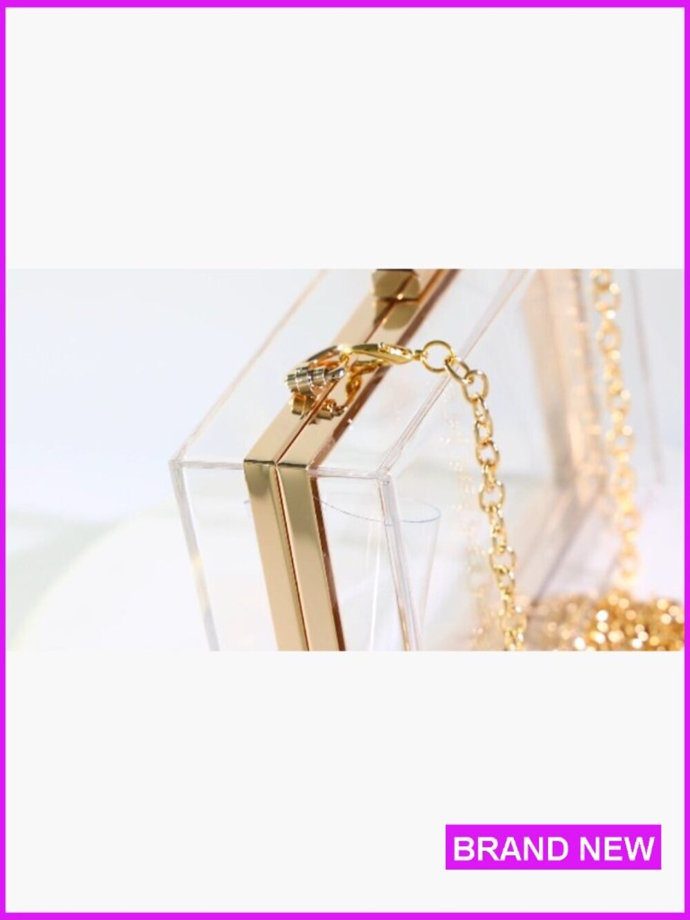 Clear Acrylic Crossbody Purse - Stadium Approved Box Clutch with Gold Chain - Picture 7 of 7